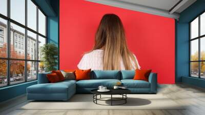 The back side view of a girl with long straight wavy and shiny hair standing against gray wall. Studio Shoot.ï¿½ Wall mural