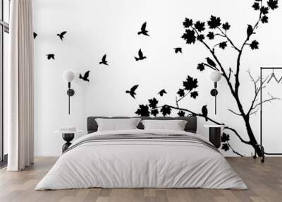 autumn tree silhouette with birds flying Wall mural