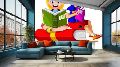 couple child cartoon reading book for you design Wall mural