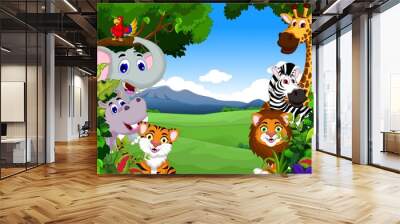 funny animal cartoon with forest background Wall mural