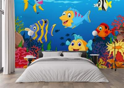 funny fish cartoon with beauty sea life background Wall mural