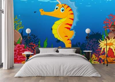 funny seahorse cartoon with beauty sea life background Wall mural