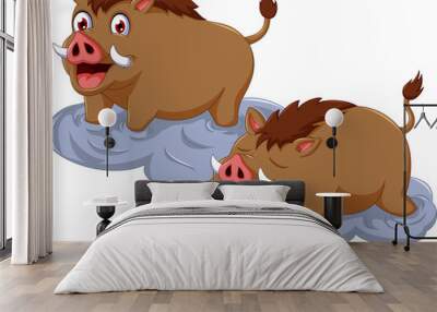 funny wild boar cartoon sitting with her baby Wall mural