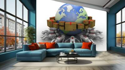 3d rendering Cardboard boxes with globe around business network Wall mural