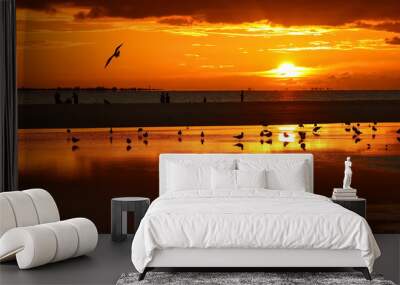 Birds and people enjoy the sunset on Fort Myers Beach, Florida, USA. Wall mural