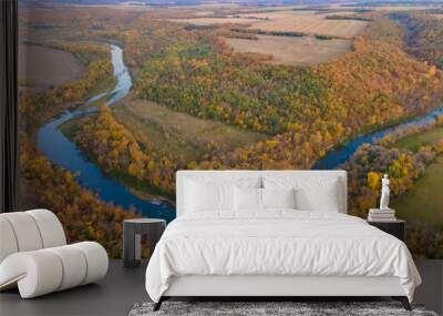 Aerial View of Winding River with Autumn Trees and Farm Fields in Rural North Dakota. Wall mural