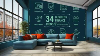 Business finance icon set. Containing financial statement, audit, growth, shares, bonds, strategy, bankrupt icons. Wall mural