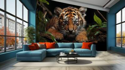 Cute baby tiger wallpaper image background created with a generative ai technology Wall mural