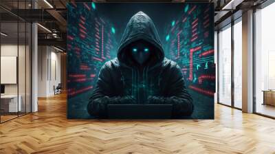 Cyber-security hacker with a hoodie hiding face -computer technology background wallpaper created with a Generative AI technology	 Wall mural