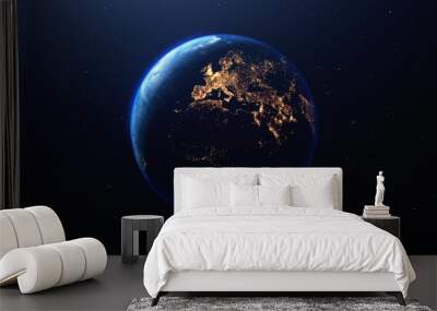 Earth planet viewed from space at night showing the lights of Europe  and other countries, 3d render of planet Earth, elements of this image provided by NASA Wall mural