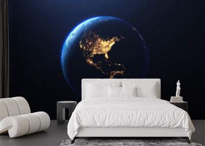 Earth planet viewed from space at night showing the lights of the United States of America  USA  and Latin American countries, 3d render of planet Earth, elements of this image provided by NASA Wall mural