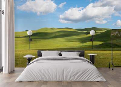 Idyllic scene of green grassy hills dotted with light and shadow from fluffy white clouds in a beautiful blue sky Wall mural