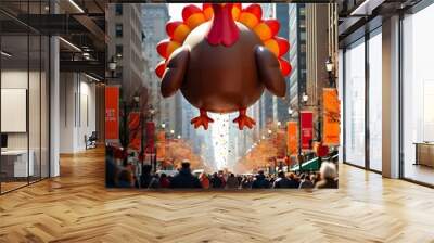 Giant Thanksgiving turkey balloon floats above crowds during annual parade in a bustling urban setting. Generative AI Wall mural