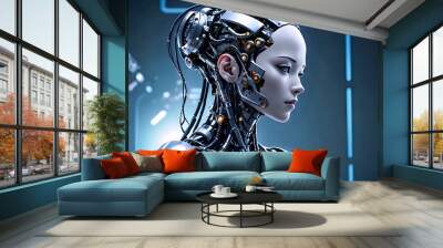 Profile shot of beautiful robot with female face. Abstract futuristic factory background. Wall mural