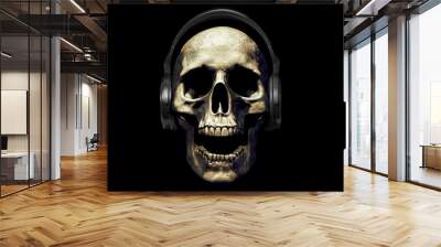 skull with headphones isolated in black background 3d illustration Wall mural