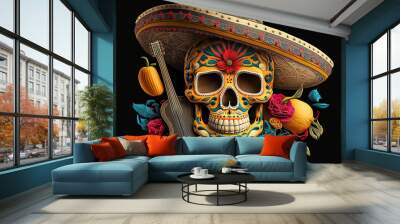 Cinco de Mayo / Day of the Dead Mexican Skull Logo Mascot with Sombrero and Guitar - Ai Generative Wall mural