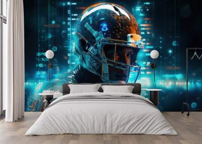  Portrait American football sportsman player on blue futuristic technology background. Wall mural