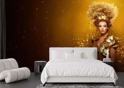 Banner beauty model girl on holiday golden background, woman with beautiful make up and curly hair style wearing gold dress, golden glow, festive celebration, copyspace . Wall mural