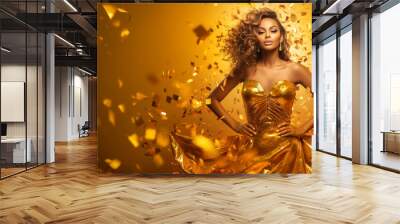 Banner beauty model girl on holiday golden background, woman with beautiful make up and curly hair style wearing gold dress, golden glow, festive celebration, copyspace . Wall mural