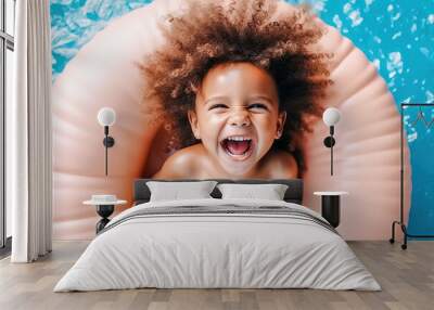 black overjoyed laughing smiling exited child in swimming pool floating on swimming ring, Little girl having fun on family summer vacation in tropical hotel resort, tourism, generative ai. Wall mural