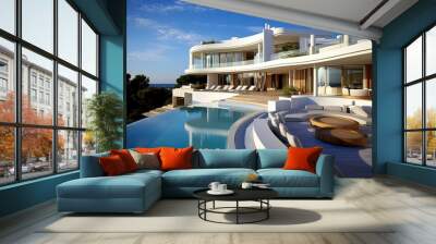 Inviting Retreat, Contemporary Residence luxury villa with large swimming pool, Luxury modern estate property on hill with stunning sea view, Summer vacation, tourism, generative ai. Wall mural