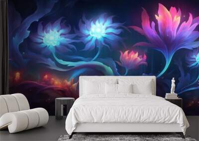 Neon banner Fantasy cosmic flowers on dark background, illustration of magic pieces of land with unreal beautiful abstract plant flora. Wall mural