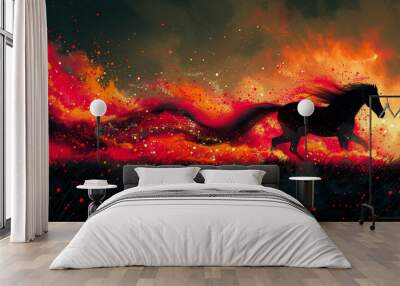 A silhouette of a cowboy riding a horse across a vibrant, fiery landscape at sunset or sunrise. The dramatic sky is filled with swirling shades of red, orange and yellow, resembling flames or lava.  Wall mural