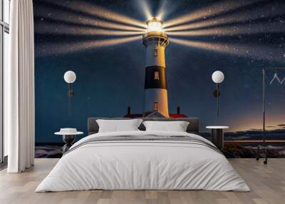 Lighthouse with beams of light shining out to sea. Vibrant.  Great for refuge, newsletters, business documents.
,generative ai Wall mural