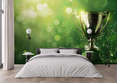 Trophy cup gleams pride as it stands on the vibrant green stage concept of world cup in background Wall mural