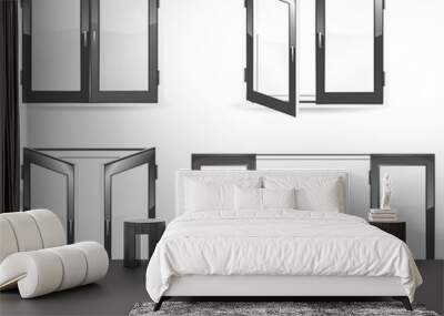 set of open and close black windows isolated on white Wall mural