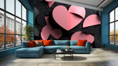 pink hearts on black background Wall mural