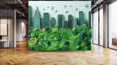 Eco-friendly Green Cityscape Art with Buildings and Trees on White Background, Illustrating Sustainable Urban Development Concept Wall mural