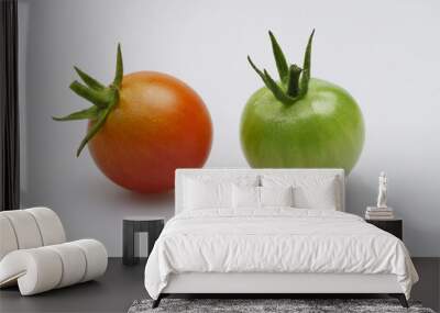 Close-up of two cherry tomatoes with green and red colors on white floor, South Korea
 Wall mural