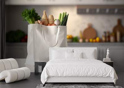 A white shopping bag on the kitchen counter filled with assorted vegetables, photo for healthy and balanced nutrition - generative ai Wall mural