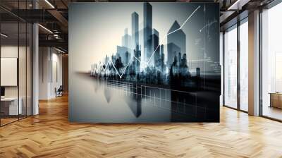 Double exposure of financial chart on office building background, business growth and success photo - generative ai Wall mural