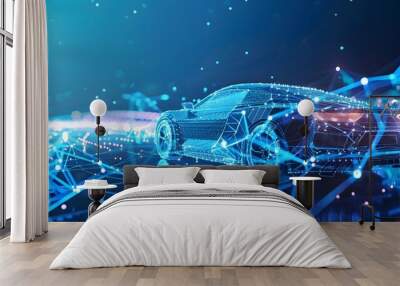 blue car made of an abstract polygon network - blue blurred glowing network in the background - connectivitiy of cars - data management - autonomous cars，Technology Shining Colorful Car Wall mural