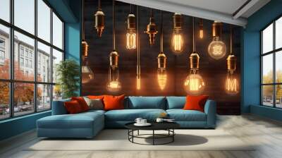 Cafe or restaurant decoration details. Set of vintage glowing light bulbs, loft interior Generative AI Wall mural