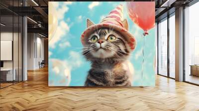 Cat in a hat with balloons, created with Generative AI technology Wall mural