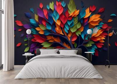 Colorful tree with leaves on hanging branches of blue, white and golden illustration background. 3d abstraction wallpaper for interior mural wall art decor. floral tree with multicolor leaves. ai Wall mural