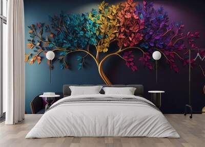 Colorful tree with leaves on hanging branches of blue, white and golden illustration background. 3d abstraction wallpaper for interior mural wall art decor. floral tree with multicolor leaves. ai Wall mural