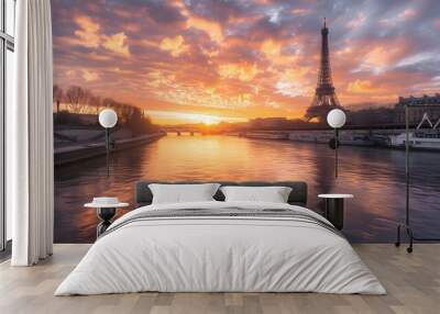 Eiffel Tower by the river at sunset Wall mural