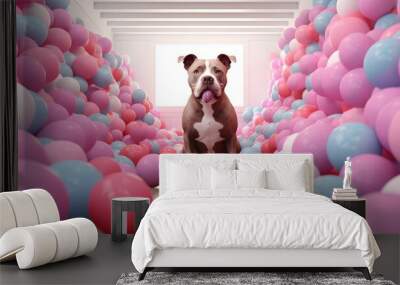 Generative Ai image of a pitbull sitting in a room filled with balloons Wall mural