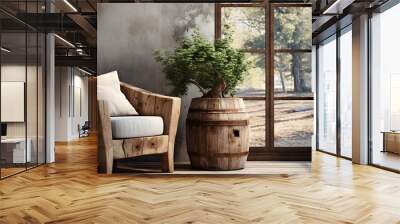 Hand-crafted barrel chair made from solid wood and stump coffee table near grunge stucco wall and window. Rustic style interior design of modern living room in farmhouse Wall mural