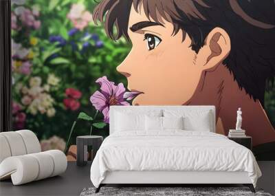 Handsome anime boy kissing flowers in flower garden background Wall mural