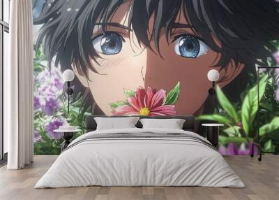 Handsome anime boy kissing flowers in flower garden background Wall mural