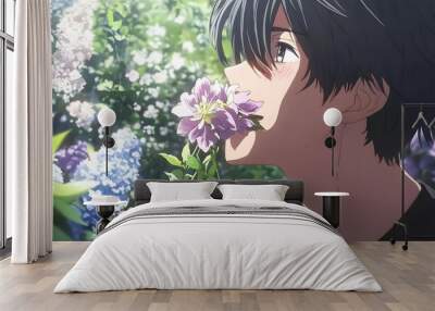 Handsome anime boy kissing flowers in flower garden background Wall mural