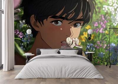 Handsome anime boy kissing flowers in flower garden background Wall mural