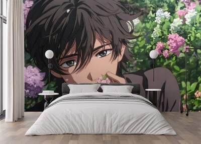 Handsome anime boy kissing flowers in flower garden background Wall mural