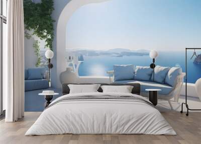 Luxury apartment terrace Santorini Interior of modern living room sofa or couch with beautiful sea view Wall mural