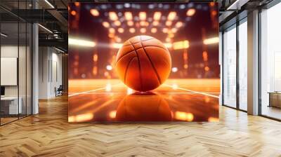 orange basketball ball with lighting bokeh in gym Wall mural